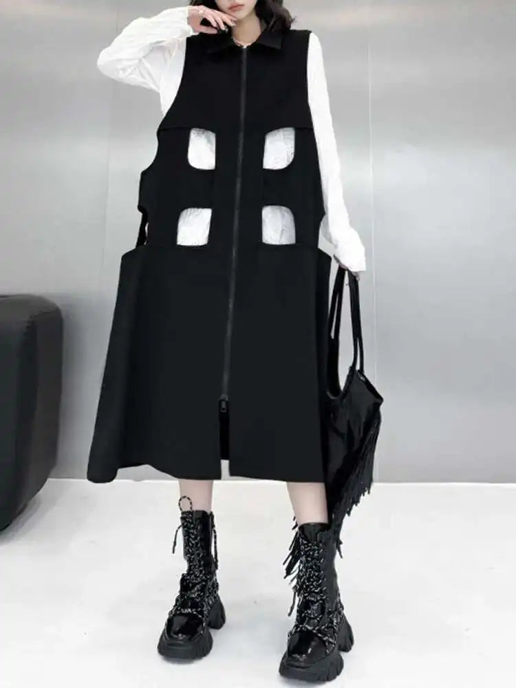 Women Black Hollow Out Zipper Big Size Midi Vest Dress New Lapel Sleeveless Fashion Tide Spring Autumn 2025 1DH6870