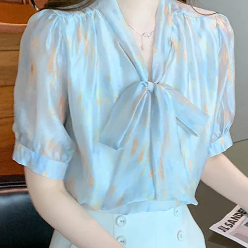 Load image into Gallery viewer, Summer Sweet Lace-up Bow Women&#39;s Blouses Puff Sleeve Slim V-neck Elegant Fashion Office Lady Simple Basic Female Blouse
