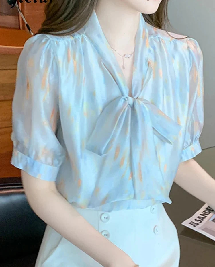 Summer Sweet Lace-up Bow Women's Blouses Puff Sleeve Slim V-neck Elegant Fashion Office Lady Simple Basic Female Blouse