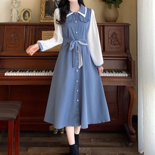 Load image into Gallery viewer, Japanese Preppy Style School Student Midi Dress Sweet Harajuku Korean Kpop Long Sleeve Dresses Party Vintage Autumn
