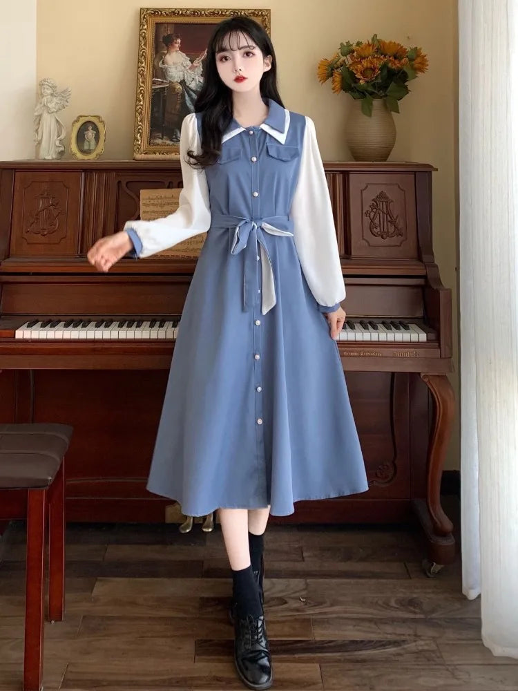 Japanese Preppy Style School Student Midi Dress Sweet Harajuku Korean Kpop Long Sleeve Dresses Party Vintage Autumn