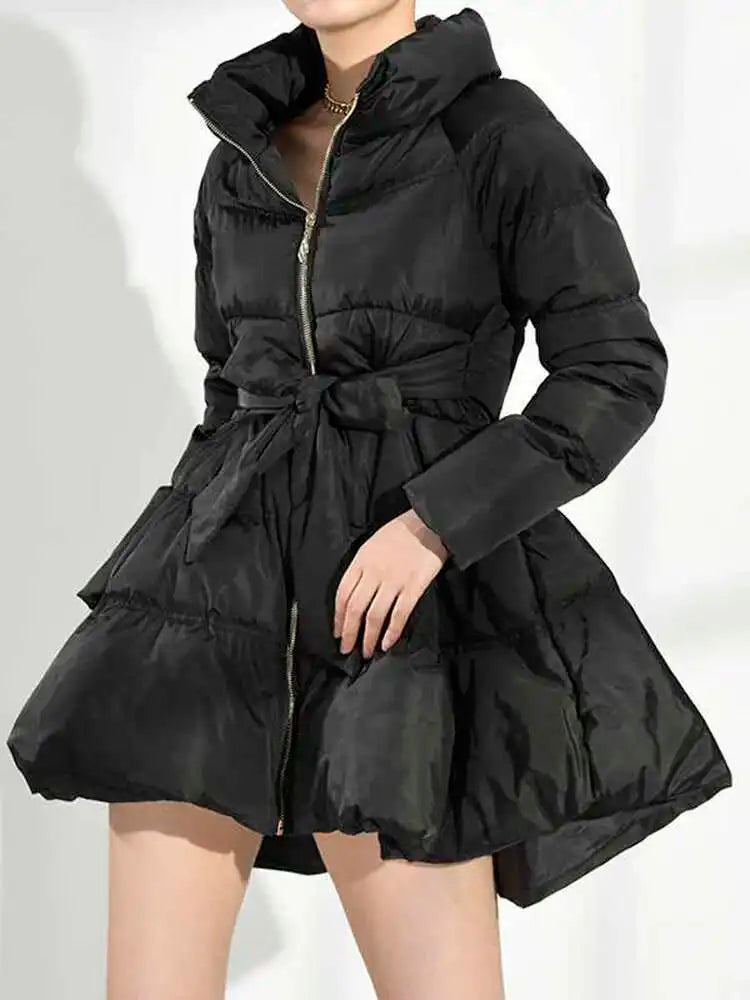 Black Bandage Bow  Cotton-padded Coat Long Sleeve Loose Fit Women Parkas Fashion Tide New Autumn Winter 2025 1DH5282