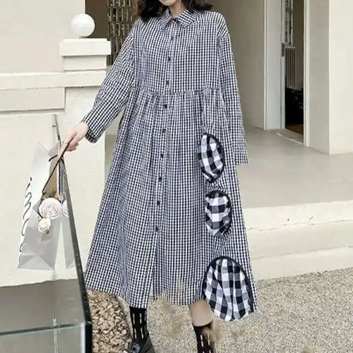 Load image into Gallery viewer, Women Black Plaid Pocket Vintage Big Size Midi Shirt Dress New Lapel Long Sleeve Fashion Tide Spring Autumn 2025 1DH6567
