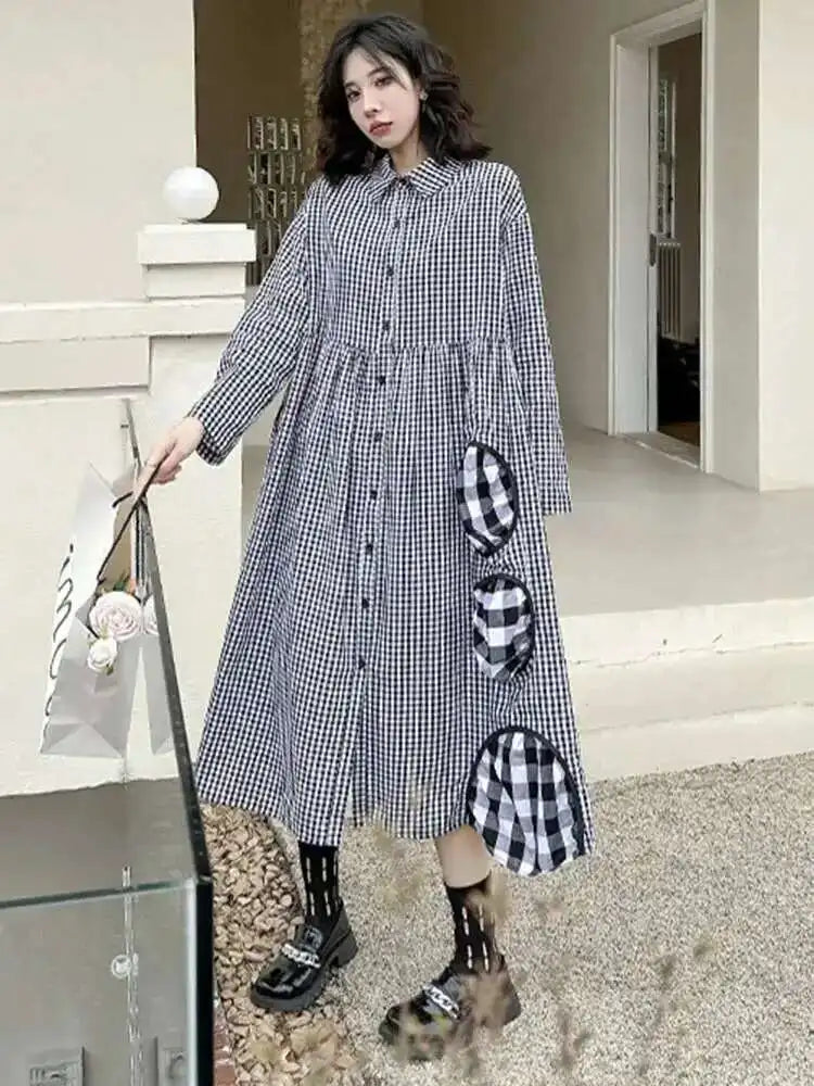 Women Black Plaid Pocket Vintage Big Size Midi Shirt Dress New Lapel Long Sleeve Fashion Tide Spring Autumn 2025 1DH6567