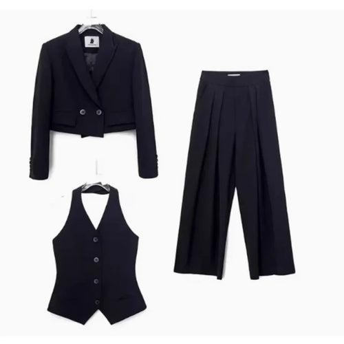 Load image into Gallery viewer, Solid Three  Piece for Women Lapel Long Sleeve Spliced Button Coat High Waist Pant Elegant Sets Female
