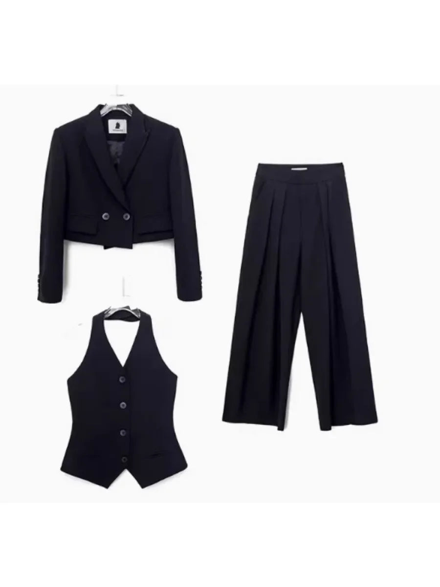 Solid Three  Piece for Women Lapel Long Sleeve Spliced Button Coat High Waist Pant Elegant Sets Female