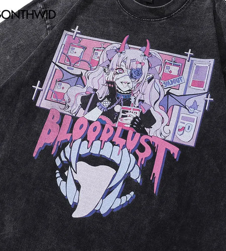 Vintage Punk T-Shirt Hip Hop Japanese Anime Cartoon Devil Girl Teeth Graphic Print Washed Tshirt Harajuku Gothic Oversized Tops