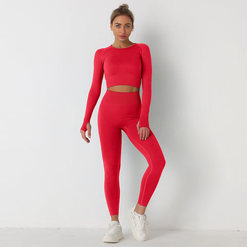 Load image into Gallery viewer, European and American Solid Color Yoga Suit Long Sleeve Anti-Shrink Quick-drying Crop Top High Waist pant tracksuit women
