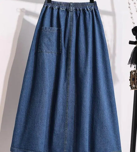Fashion High Waist Summer Big Size Long Skirt Female Vintage Korean Denim Skirts Womens Elegant A-line Umbrella Jeans Skirt Chic