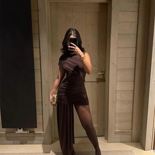 Load image into Gallery viewer, Irregular Draped Ruched Sexy Mini Dress For Women Elegant Turtleneck Sleeveless High Waist Pleated Club Party Dress
