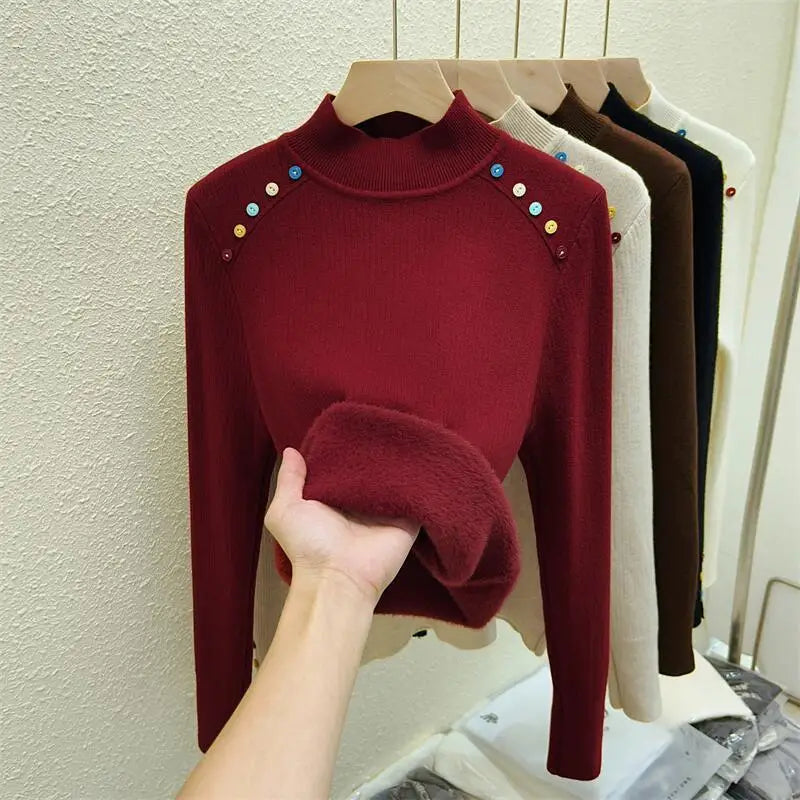 Autumn Winter Women Solid Colorful Button Velvet Sweater Korean Fashion Warm Knitwear Long Sleeve Festival Pullovers Tops Thick