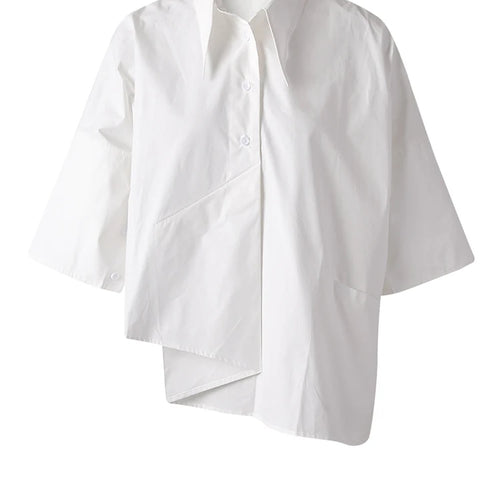 Load image into Gallery viewer, Women White Irregular Hem Pocket Big Size Blouse New Lapel Half Sleeve Shirt Fashion Tide Spring Summer 2025 CPG3166

