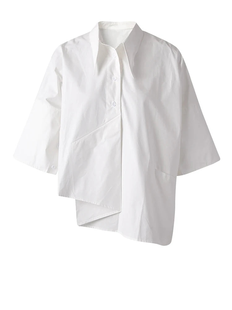 Women White Irregular Hem Pocket Big Size Blouse New Lapel Half Sleeve Shirt Fashion Tide Spring Summer 2025 CPG3166