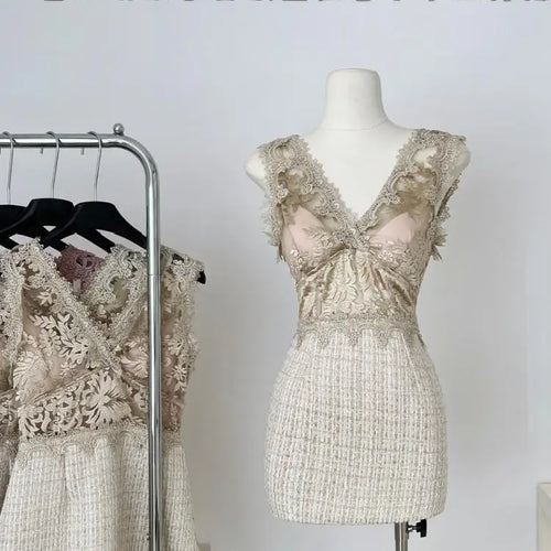 Load image into Gallery viewer, Summer Khaki Patchwork Lace Party Vest Short Dress Women Pink Embroidered Sleeveless V Neck Sexy Club Wrapped Hip Mini Dress New
