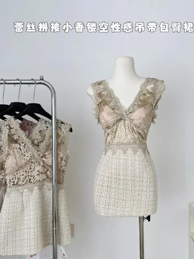 Summer Khaki Patchwork Lace Party Vest Short Dress Women Pink Embroidered Sleeveless V Neck Sexy Club Wrapped Hip Mini Dress New