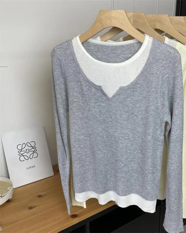 Autumn Winter Women's Patchwork Long Sleeved Pullover Sweater French Casual Round Neck Holiday Knitwear Tops 2024 New Streetwear