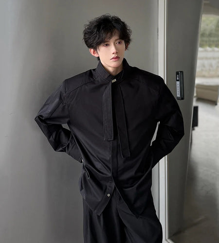 Men's Shirts Long Sleeve New Summer Korean Style Personalized Ribbon Design Turn-down Collar Solid Color Male Top 9W1753