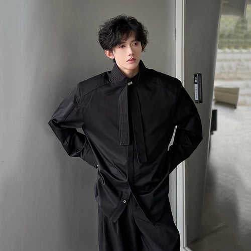 Load image into Gallery viewer, Men&#39;s Shirts Long Sleeve New Summer Korean Style Personalized Ribbon Design Turn-down Collar Solid Color Male Top 9W1753
