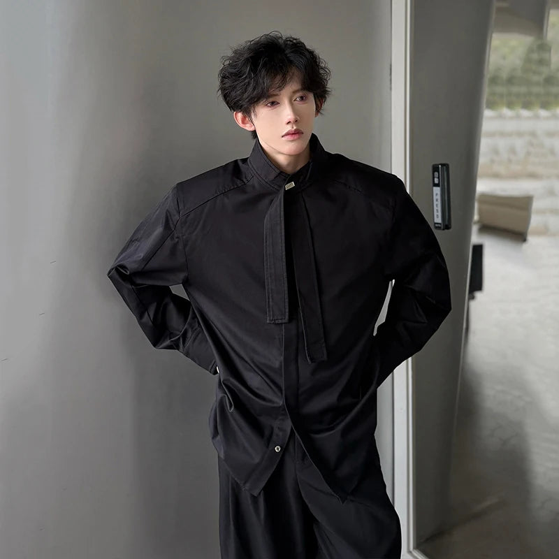 Men's Shirts Long Sleeve New Summer Korean Style Personalized Ribbon Design Turn-down Collar Solid Color Male Top 9W1753