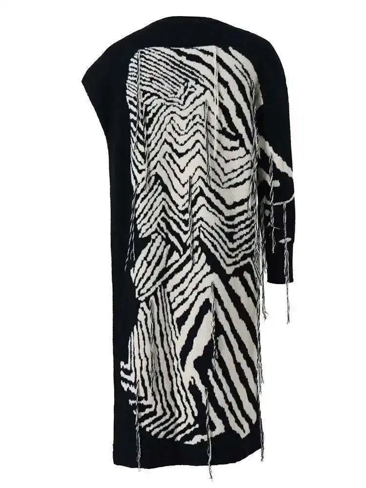 Women  Knitting Striped Tassels Big Size Dress New Round Neck Long Sleeve Loose Fit Fashion Tide Spring Autumn 2025 SG592