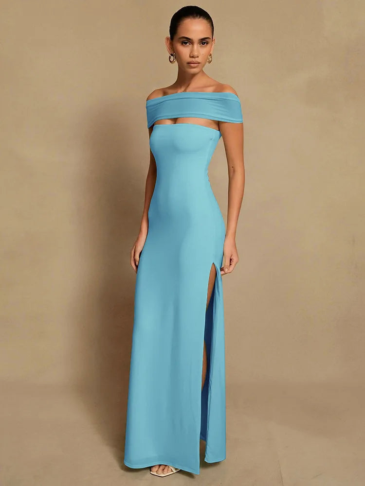 Off-shoulder Strapless Sexy Maxi Dress Women Gown Fashion  Sleeveless Backless High Waist Split Club Party Long Dress