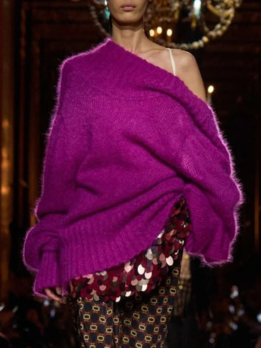 Solid Loose Irregular Sweaters for Women Diagonal Collar Long Sleeves Casual Sweater Female Fashion Clothing New