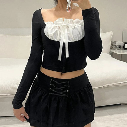Load image into Gallery viewer, Korean Fashion Chic Women T-shirts Patched Bow Folds Buttons Japanese Y2K Crop Top Autumn Slim Harajuku Cute Clothing
