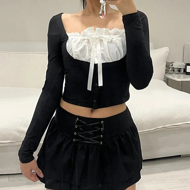 Korean Fashion Chic Women T-shirts Patched Bow Folds Buttons Japanese Y2K Crop Top Autumn Slim Harajuku Cute Clothing