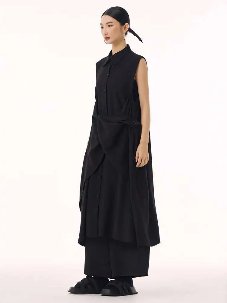 Women Khaki Irregular Spliced Big Size Midi Shirt Dress New Lapel Sleeveless Fashion Tide Spring Summer 2025 1DH9434