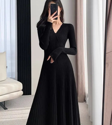 Black Sweet Sweater Midi Dress For Woman 2023 Casual Autumn Winter Knitted Korean V-neck Long Sleeve Elegance Red Dress Fashion