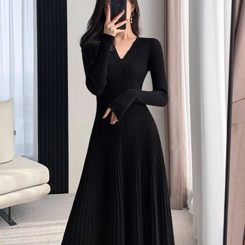 Load image into Gallery viewer, Black Sweet Sweater Midi Dress For Woman 2023 Casual Autumn Winter Knitted Korean V-neck Long Sleeve Elegance Red Dress Fashion
