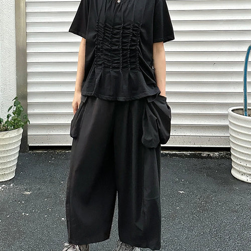 Load image into Gallery viewer, Women Black White Pleated Big Size Casual T-shirt New Round Neck Short Sleeve Fashion Tide Spring Summer 2025 1DJ1611
