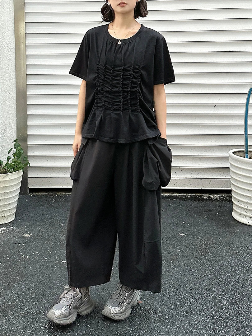 Women Black White Pleated Big Size Casual T-shirt New Round Neck Short Sleeve Fashion Tide Spring Summer 2025 1DJ1611