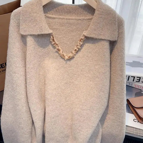 Load image into Gallery viewer, Korean Fashion Autumn Winter Khaki Elegant Pullover Short Sweater Women's 2024 New Purple Long Sleeved Loose Knitted Tops Street
