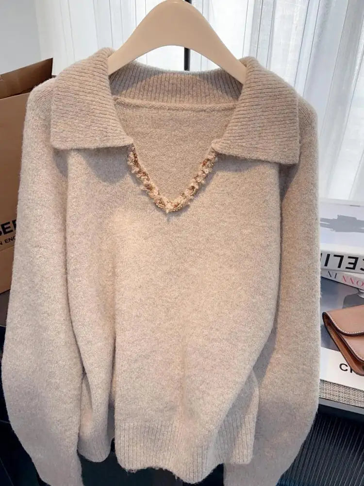 Korean Fashion Autumn Winter Khaki Elegant Pullover Short Sweater Women's 2024 New Purple Long Sleeved Loose Knitted Tops Street