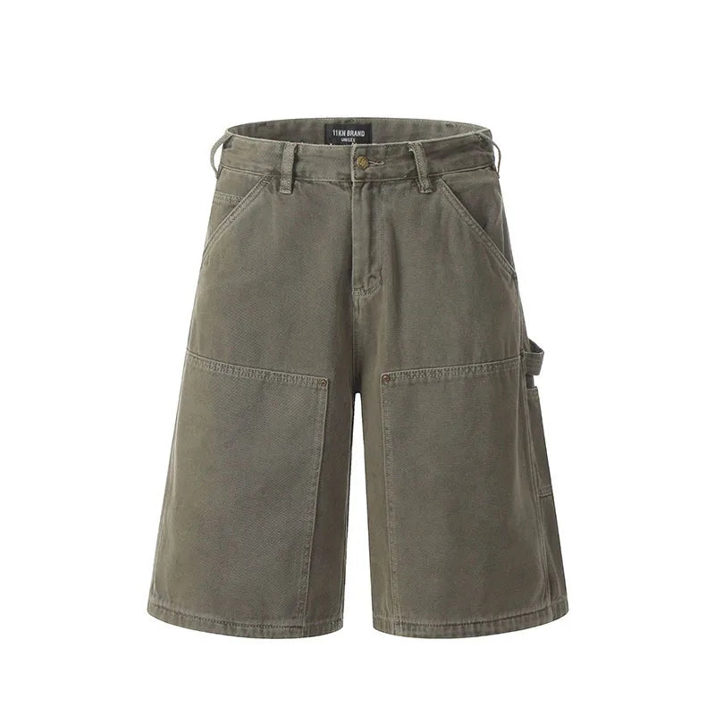 Men's American Style Spliced Cargo Shorts Summer Loose Trendyt Straight Leg Niche Design Solid Color Menwear 9W1711
