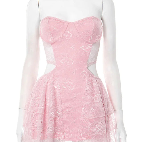 Load image into Gallery viewer, Lace Hollow Out Sexy Mini Dress Women Summer New Off-shoulder Strapless Sleeveless Backless A-line Club Party Dress
