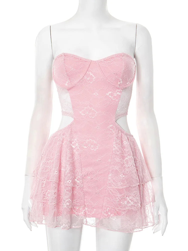 Lace Hollow Out Sexy Mini Dress Women Summer New Off-shoulder Strapless Sleeveless Backless A-line Club Party Dress