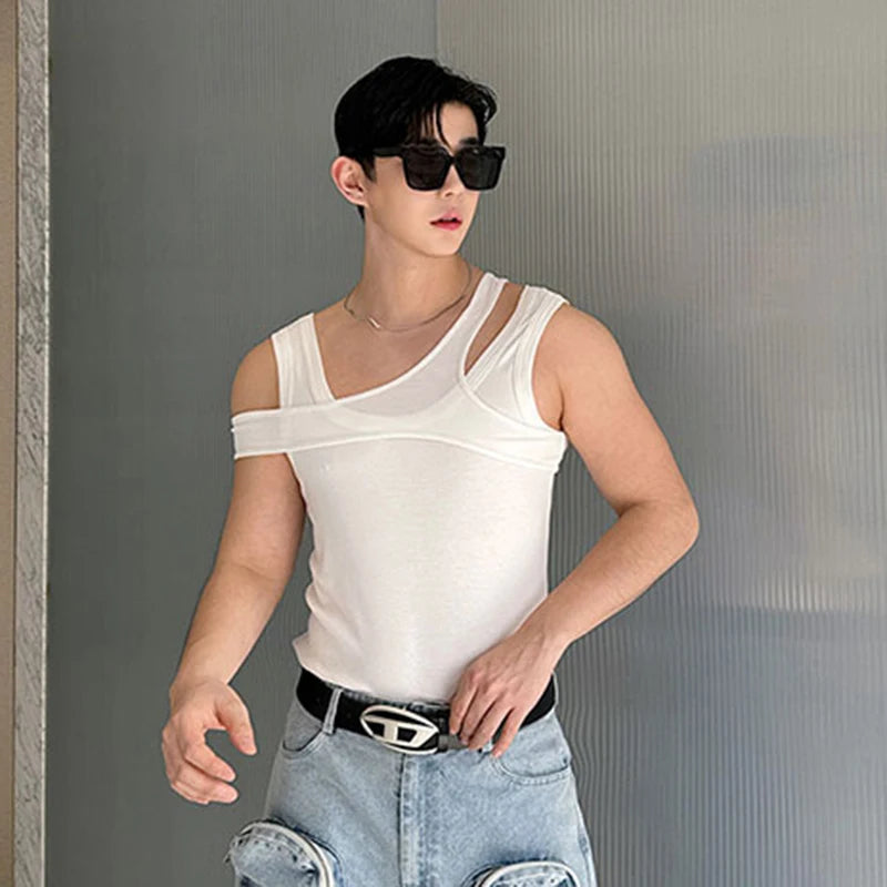 Summer Niche Design Fake Two-piece T-shirt Sleeveless Multi-wear Round Neck Pullover Vest Sexy Male Tank Top 9C5988