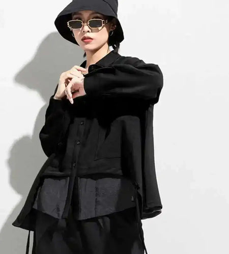 Women Drawstring Big Size Fake Two Blouse New Lapel Long Sleeve Loose Fit Shirt Fashion Tide Spring Autumn 2025 1DD0160