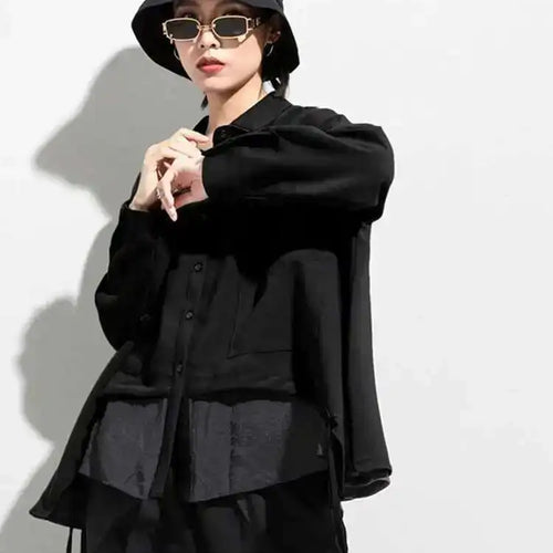 Load image into Gallery viewer, Women Drawstring Big Size Fake Two Blouse New Lapel Long Sleeve Loose Fit Shirt Fashion Tide Spring Autumn 2025 1DD0160
