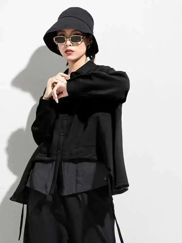 Women Drawstring Big Size Fake Two Blouse New Lapel Long Sleeve Loose Fit Shirt Fashion Tide Spring Autumn 2025 1DD0160