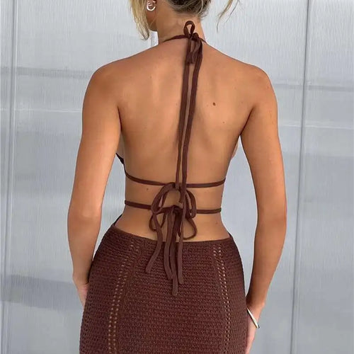 Load image into Gallery viewer, Hollow Out Halter Sexy Mini Dress Women Summer New Sleeveless Backless Skinny Club Party Knit Tank Dress Vestido
