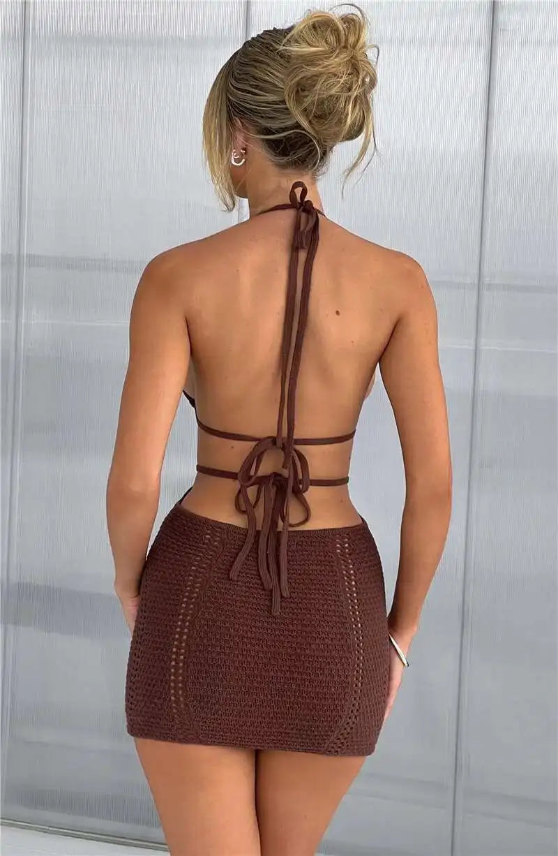 Hollow Out Halter Sexy Mini Dress Women Summer New Sleeveless Backless Skinny Club Party Knit Tank Dress Vestido