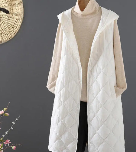 Winter Down Cotton Vest Women Sleeveless Jacket Vintage Warm Casual Mid Length Coat Ladies Single Breast Long Hooded Waistcoat