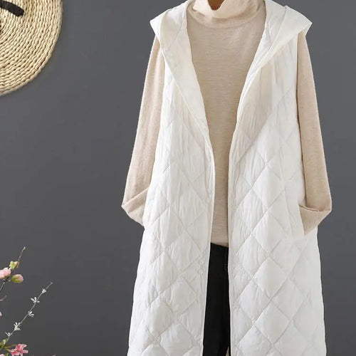 Load image into Gallery viewer, Winter Down Cotton Vest Women Sleeveless Jacket Vintage Warm Casual Mid Length Coat Ladies Single Breast Long Hooded Waistcoat
