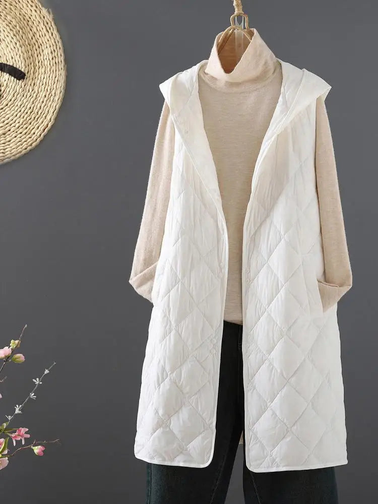 Winter Down Cotton Vest Women Sleeveless Jacket Vintage Warm Casual Mid Length Coat Ladies Single Breast Long Hooded Waistcoat