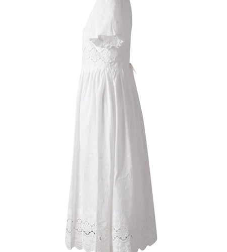 Women White Lace Hollow Out Elegant Slim Dress New Square Collar Short Sleeve Fashion Tide Spring Summer 2025 CPG3161