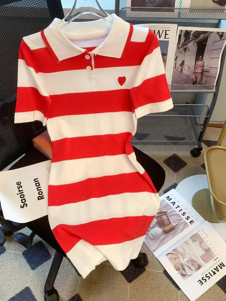 Women Red White Striped Patchwork Knit Mini Dress 2024 New Slim Polo Collar Ladies Short Sleeve Wrapped Hip A-line Dress Fashion