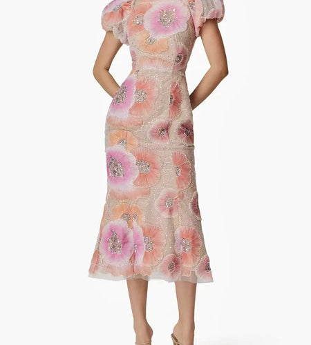 Hit Color Printing Spliced Bead Dresses for Women Round Neck Short Sleeves High Waist Temperament Long Dress Female